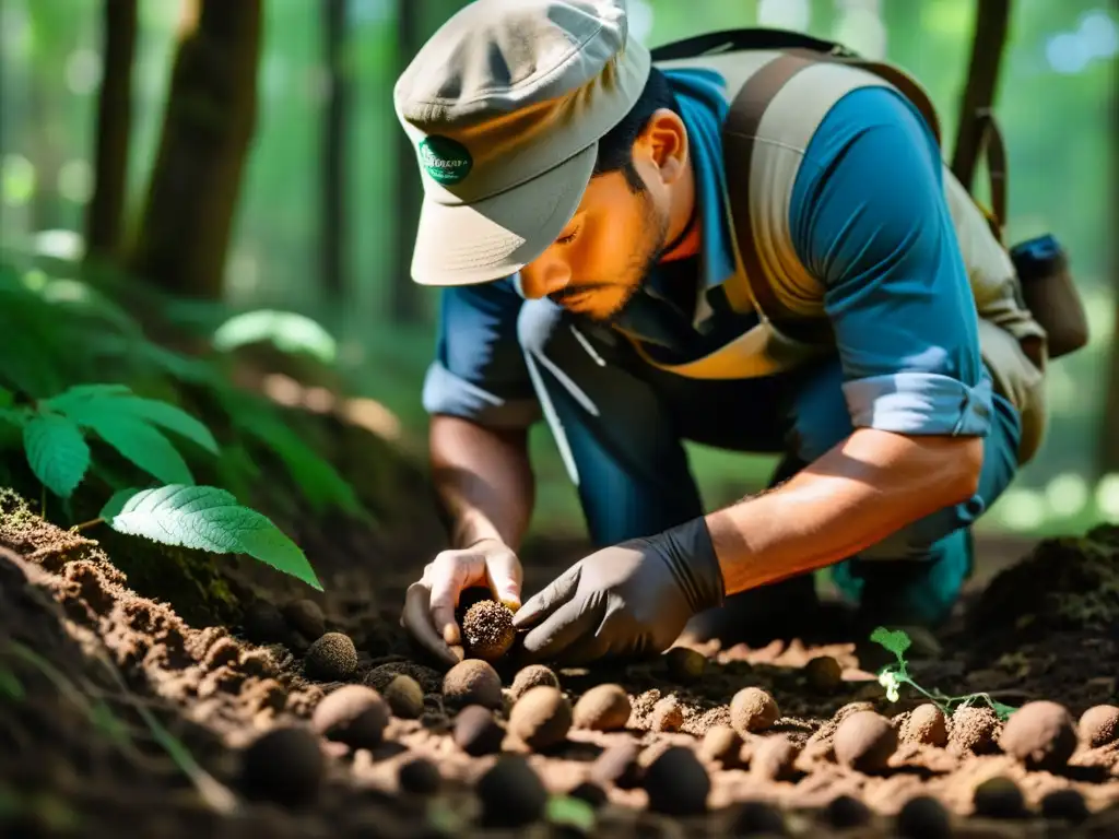 Un hábil recolector de trufas asiáticas desentierra con destreza una valiosa trufa en un exuberante bosque