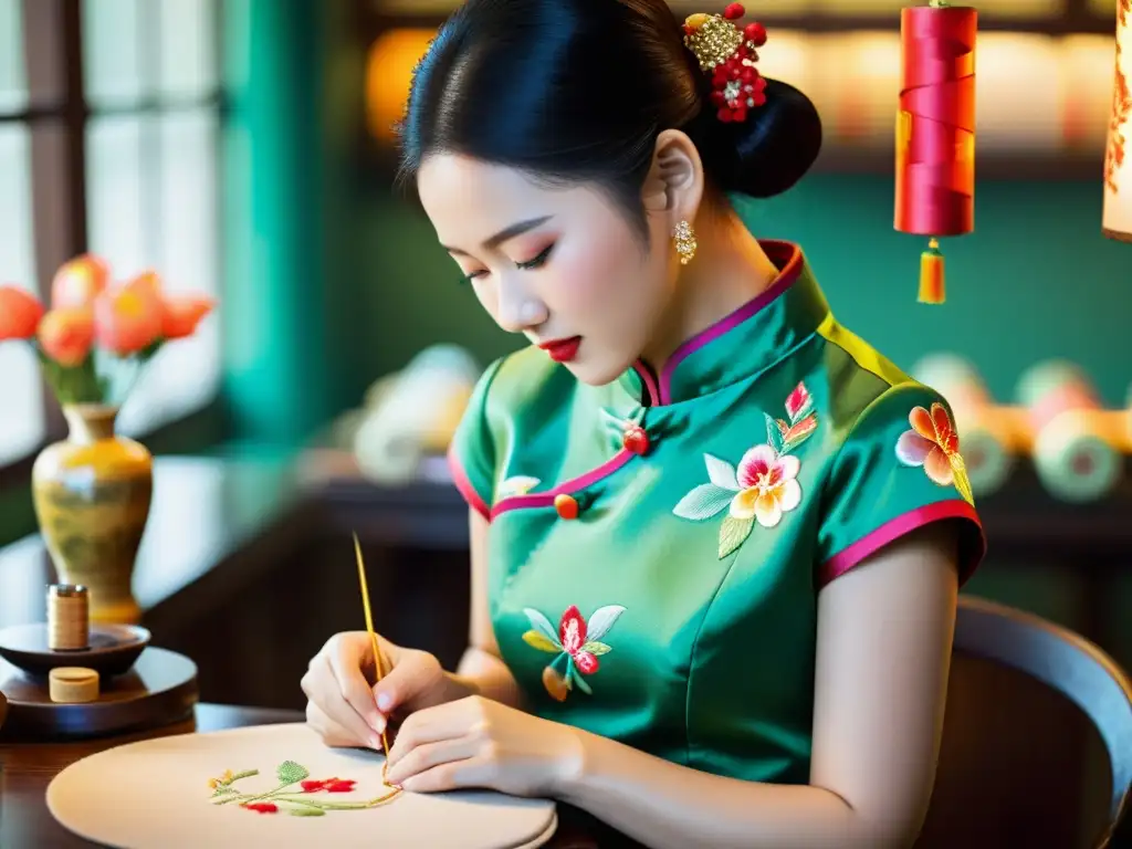 Un hábil sastre chino crea un Cheongsam, mostrando la artesanía y la belleza del vestido chino en una imagen documental de alta resolución