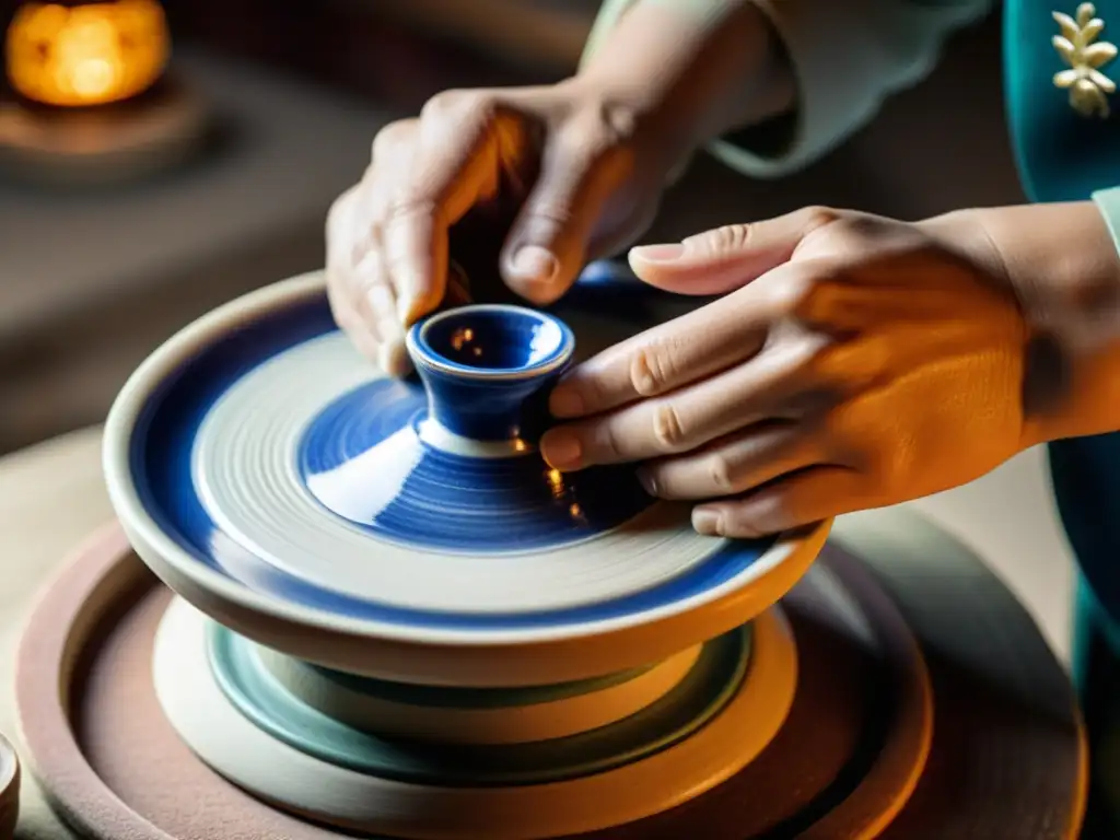 Las hábiles manos de un artesano moldeando una delicada pieza de porcelana Jingdezhen en un torno