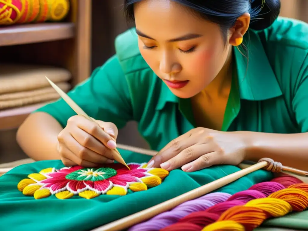 Las hábiles manos de un artesano vietnamita bordando un diseño tradicional con hilos vibrantes, inmerso en el arte del bordado vietnamita tradicional