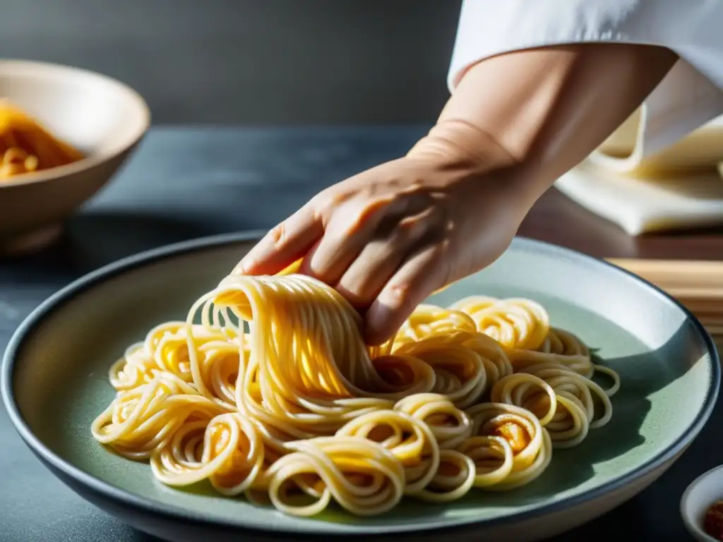 Las hábiles manos de un chef coreano estiran la masa para hacer fideos ramyeon, en una escena bañada por luz suave