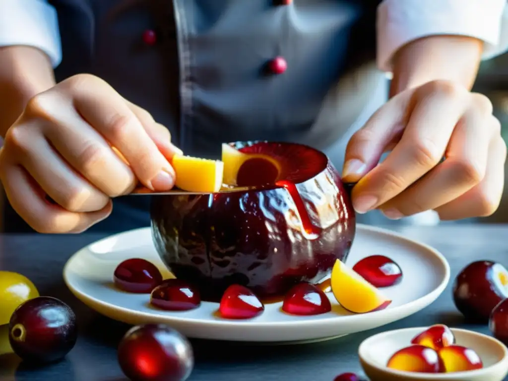 Las hábiles manos del chef cortan un jugoso jujube, revelando su dulce y vibrante interior, en una cocina tradicional coreana