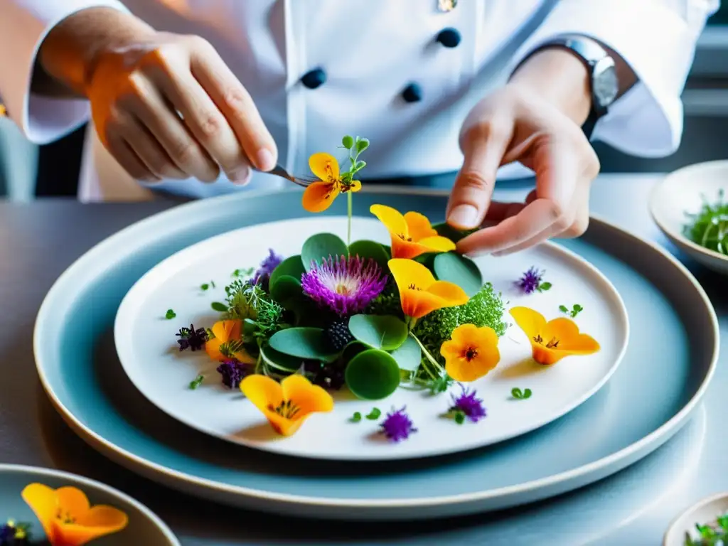 Chef experto en platos de alta cocina Las hábiles manos del chef decoran un plato con flores y microgreens