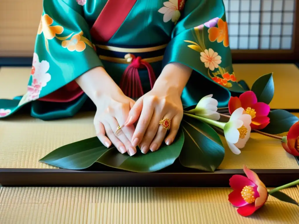 Las hábiles manos de una geisha arreglan flores en una escena serena, mostrando los rituales de belleza de geishas modernas