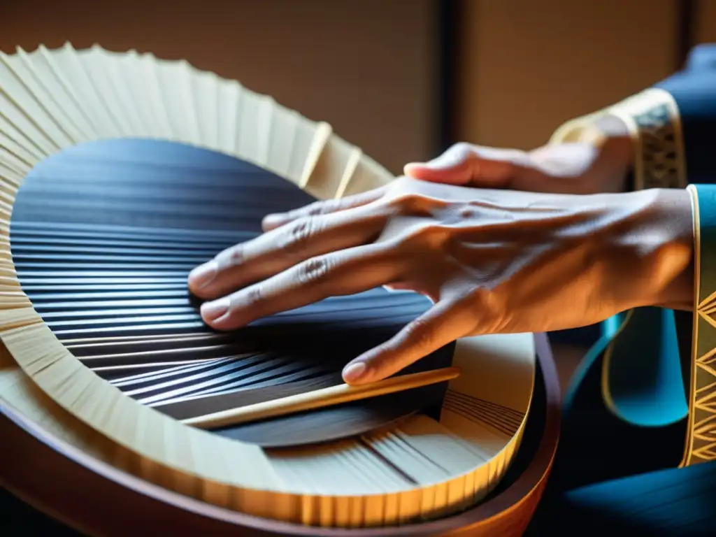 Las hábiles manos del intérprete tocan un instrumento japonés tradicional, iluminadas por suave luz natural