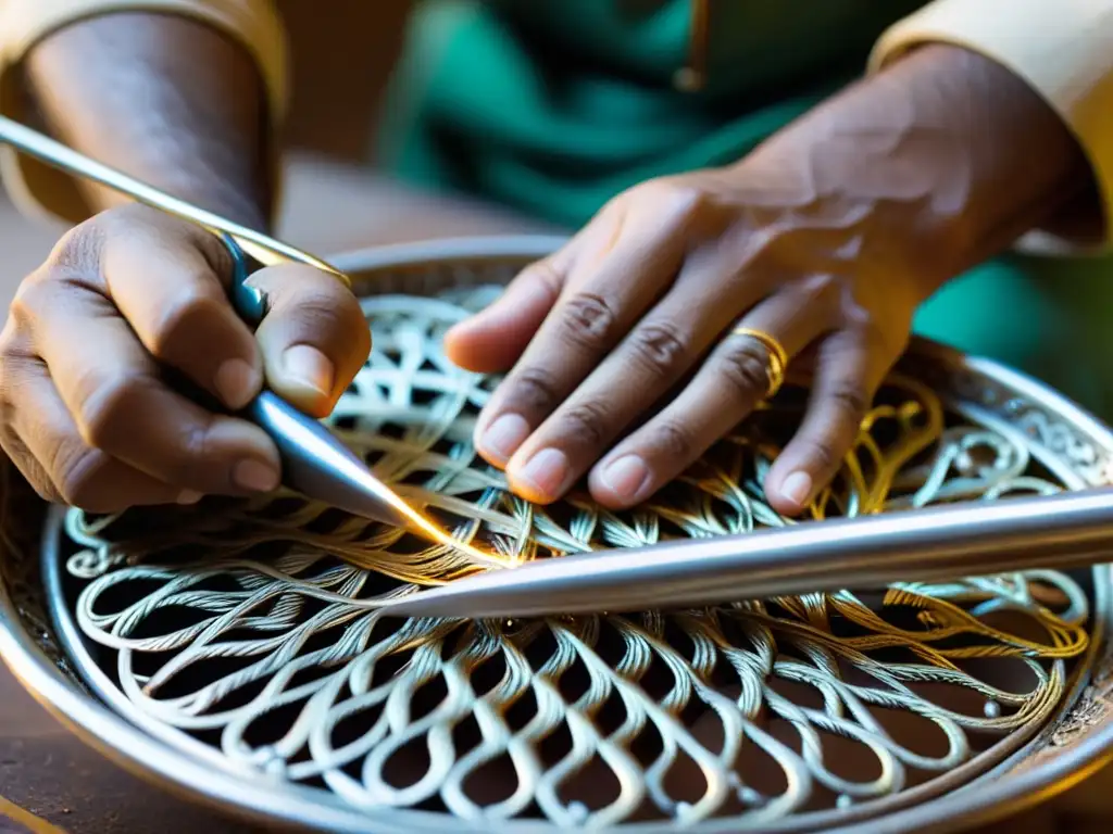 Las hábiles manos de un maestro artesano tradicional de Asia crean filigranas de metal en un taller iluminado