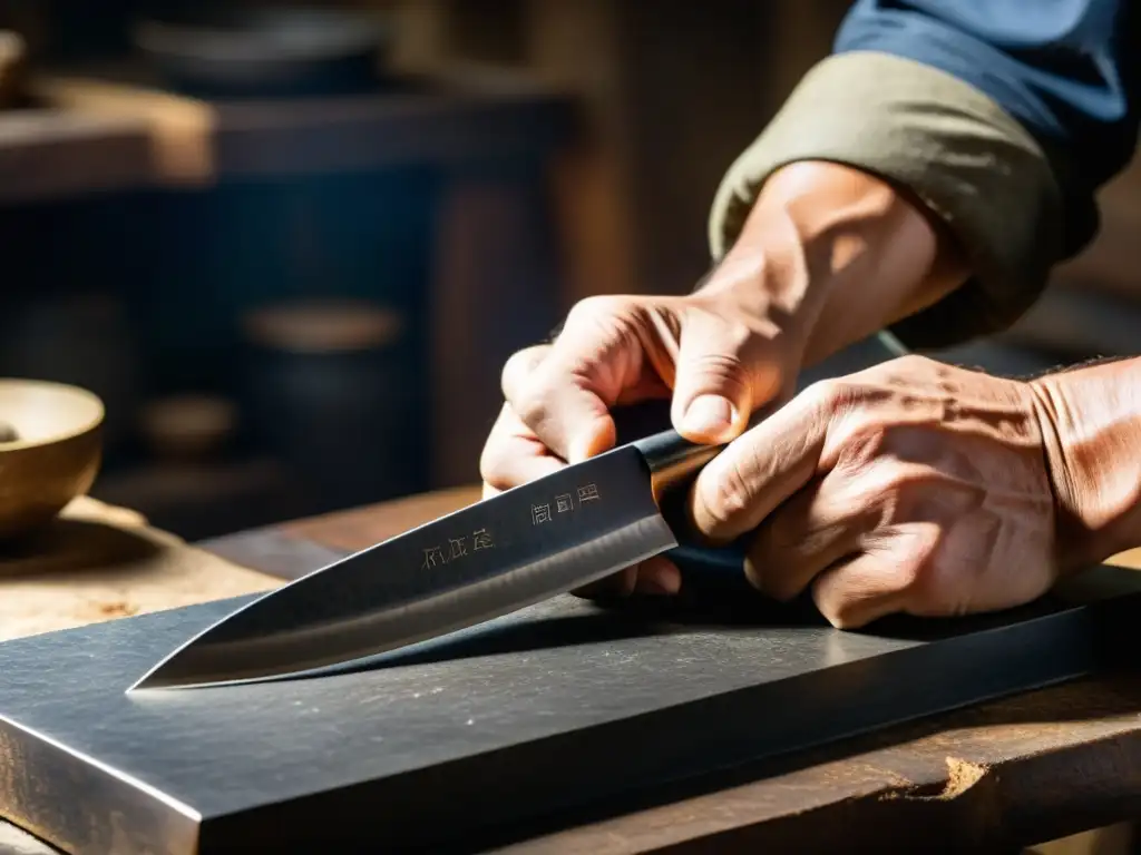 Las habilidosas manos de un artesano afilan un cuchillo asiático sobre una piedra de afilar, evocando la tradición y destreza de las técnicas milenarias asiáticas de afilado de cuchillos