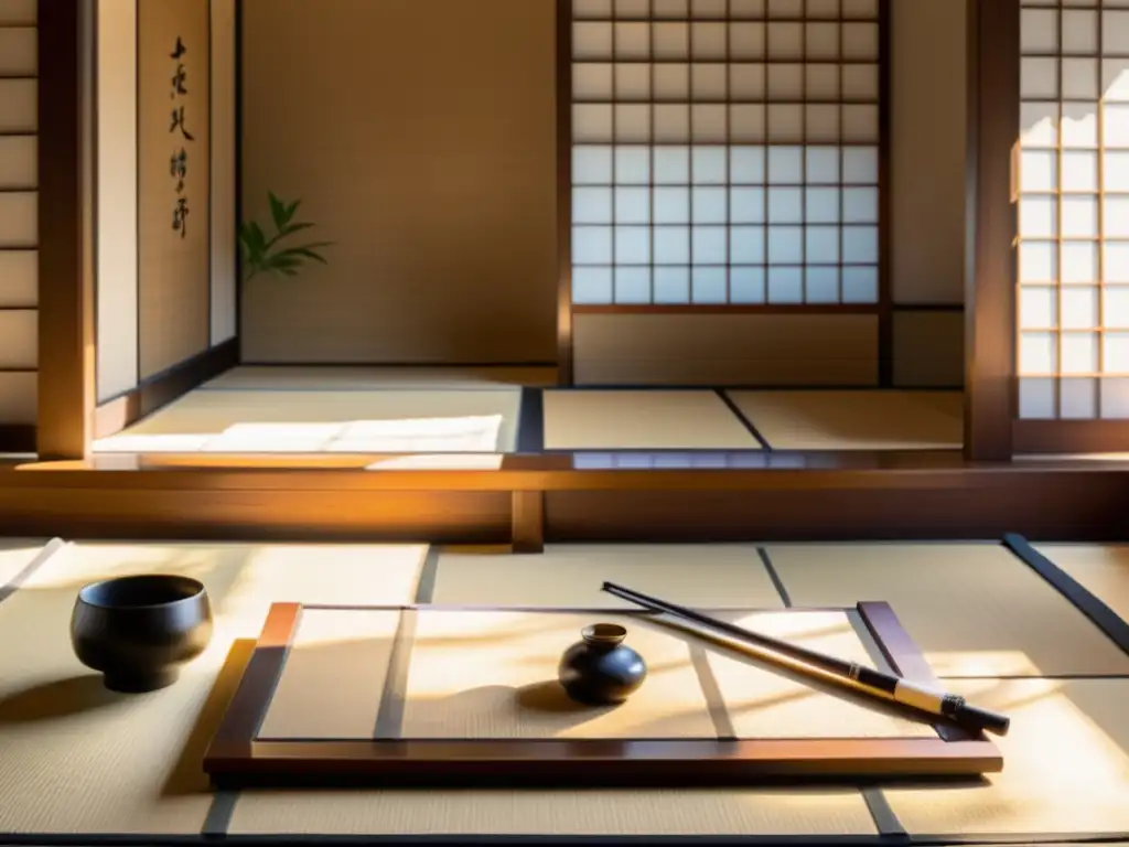 Una habitación japonesa serena con caligrafía minimalista japonesa en tatami iluminada por la suave luz de la mañana