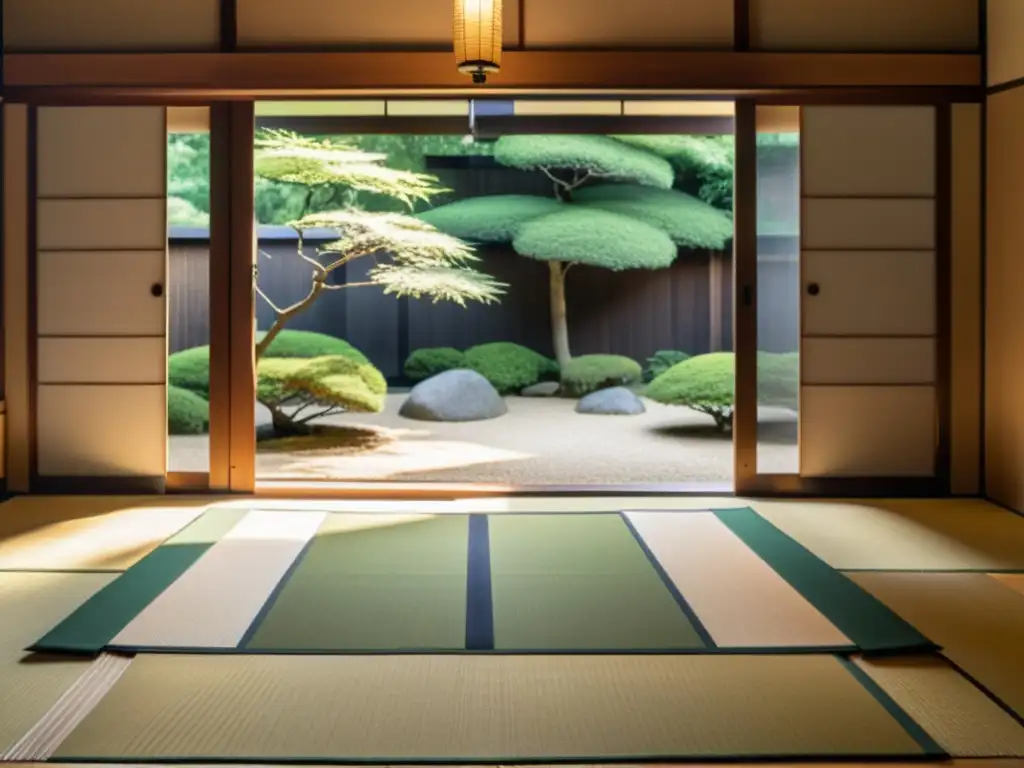 Una habitación japonesa tradicional con puertas deslizantes y un jardín sereno