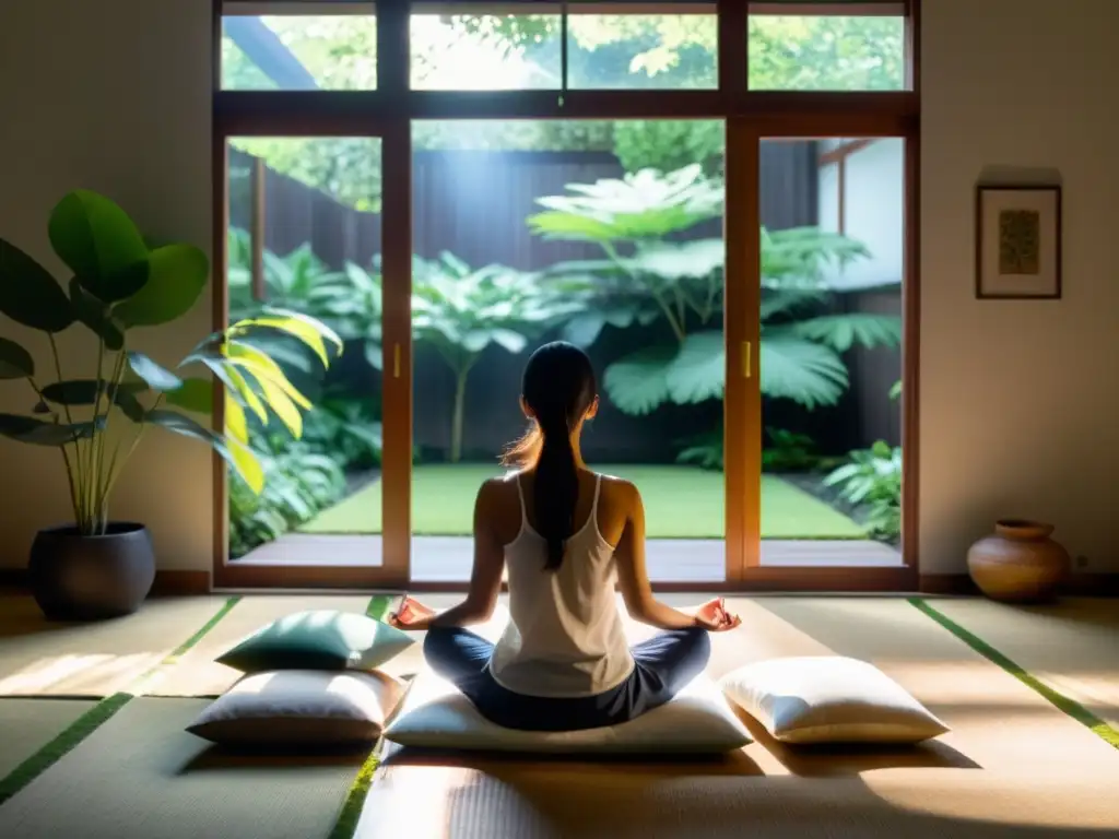 Una habitación serena iluminada en penumbra con grandes ventanas que dan a un jardín tranquilo