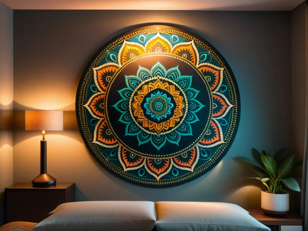 Una habitación serena iluminada suavemente con un mandala vibrante en la pared