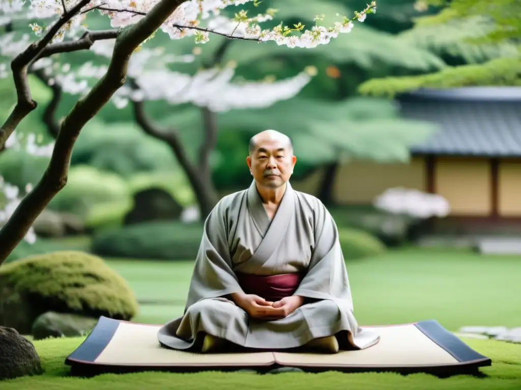 Matsuo Basho componiendo un haiku en un jardín japonés, reflejando la serenidad y maestría artística