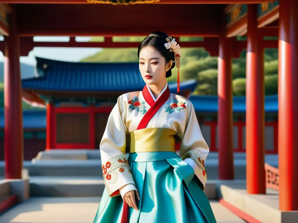 Un hanbok bordado con colores vibrantes y patrones florales se exhibe en un maniquí frente a la arquitectura tradicional coreana, fusionando materiales tradicionales asiáticos en moda con elegancia y sofisticación