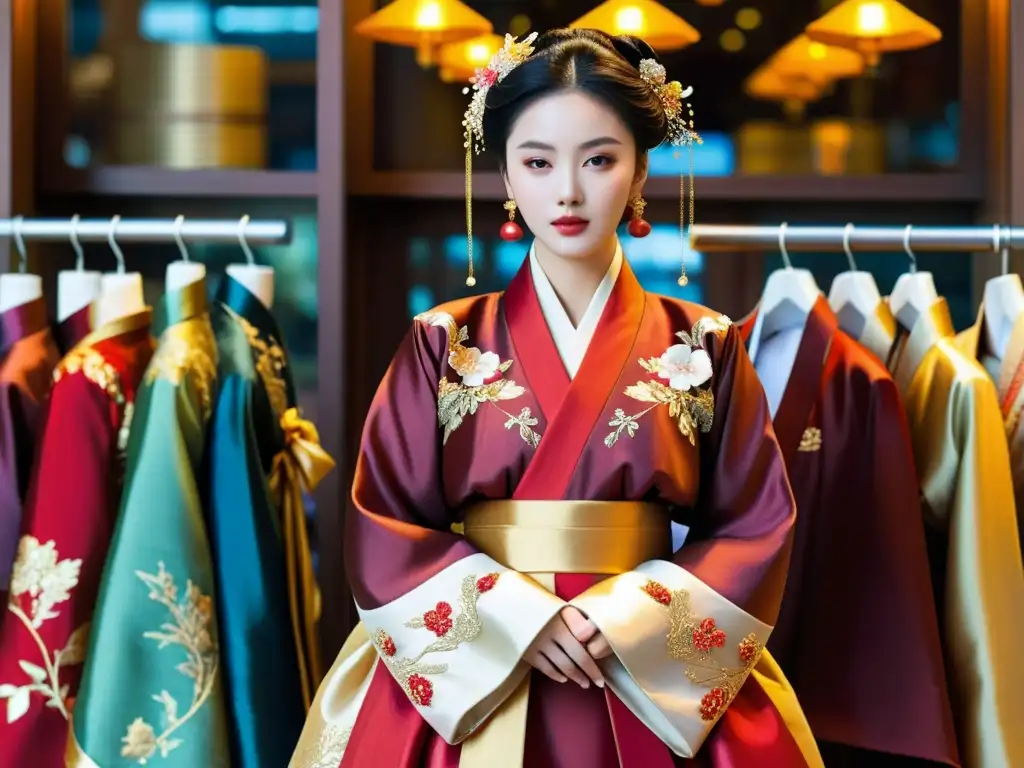 Resurgimiento del Hanbok: Elegancia Tradicional en el Mercado de Seúl Un hanbok bordado en rojo y dorado se exhibe con elegancia en un maniquí, en un bullicioso mercado callejero de Seúl