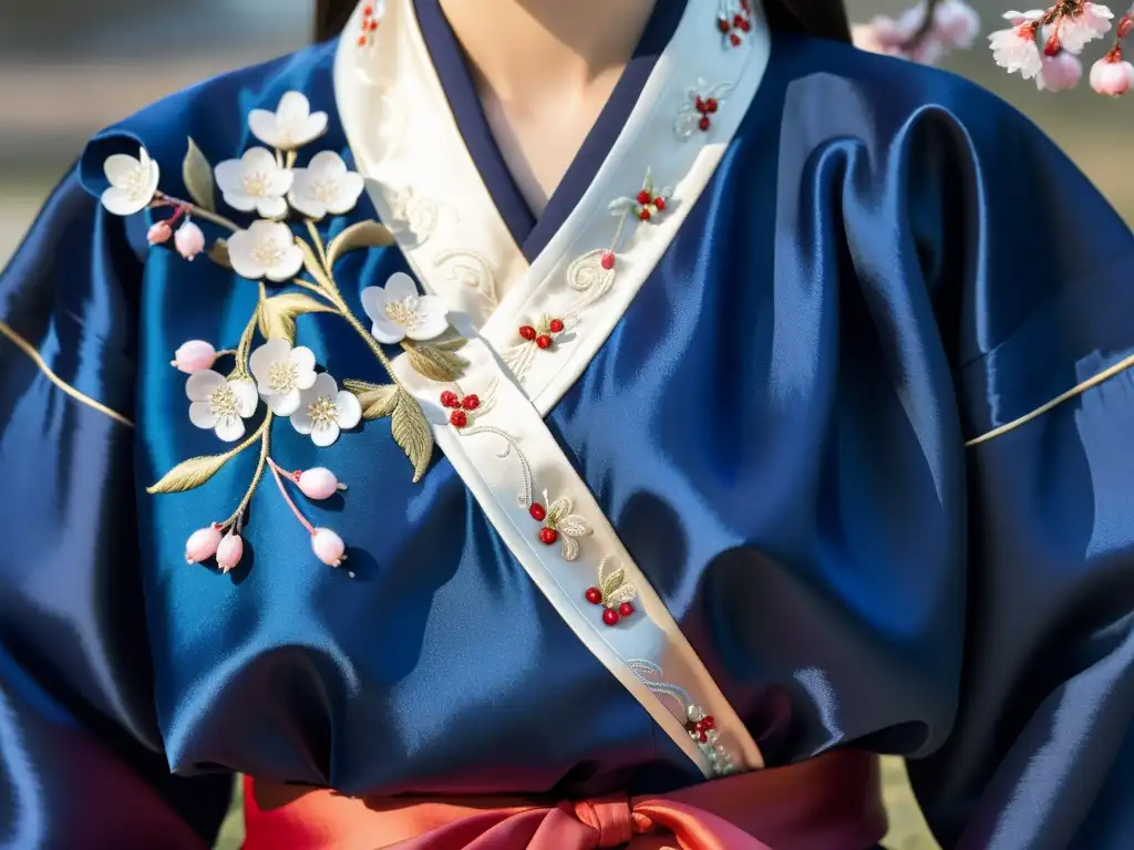 Un hanbok coreano en seda índigo con bordados de cerezos y agua