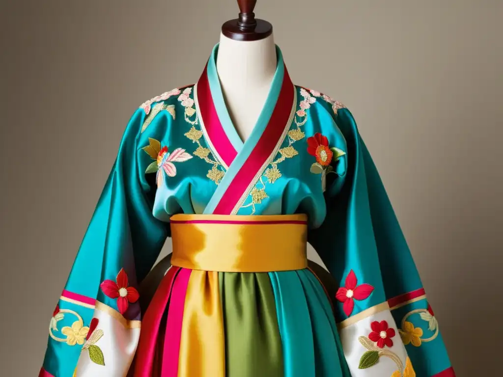 Un hanbok coreano tradicional exquisitamente bordado en un maniquí, exhibiendo colores vibrantes y detalles detallados