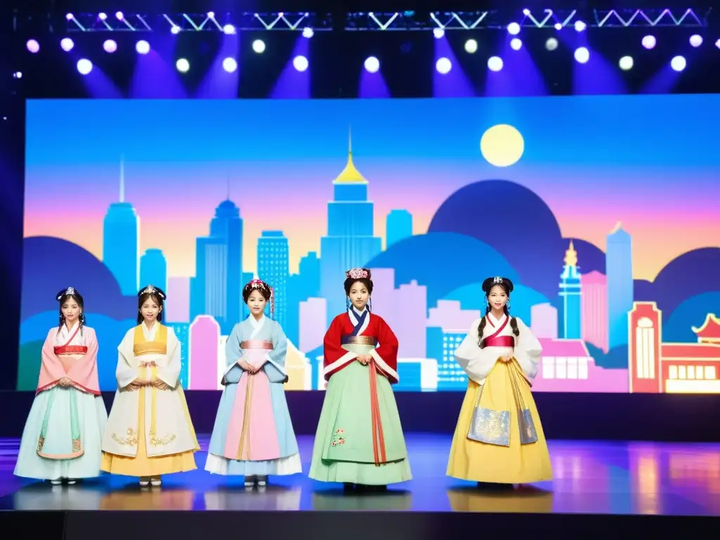 Kpop idols visten hanbok, actúan en escenario con mezcla de ciudad y arquitectura coreana, rodeados de fans diversos