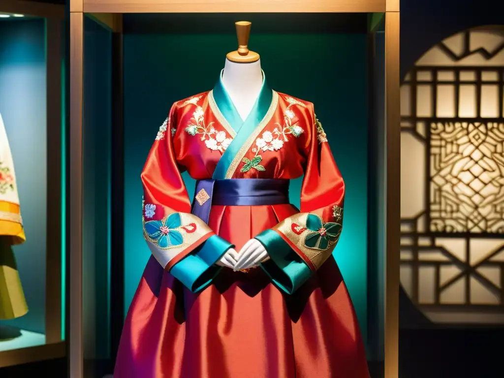 Un hanbok tradicional con bordados detallados y colores vibrantes en una exhibición de museo con influencia del arte asiático en Kpop