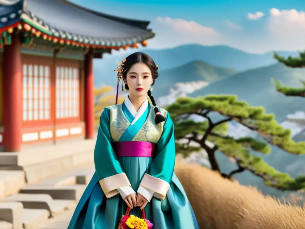 Un Hanbok tradicional con bordados intrincados y colores vibrantes, evocando la tradición del Hanbok para moda en un entorno histórico y sereno