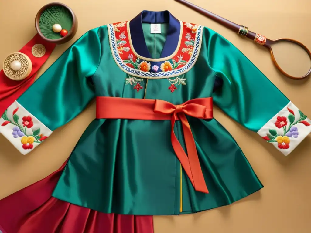 Un hanbok tradicional coreano bordado con colores vibrantes y delicados detalles