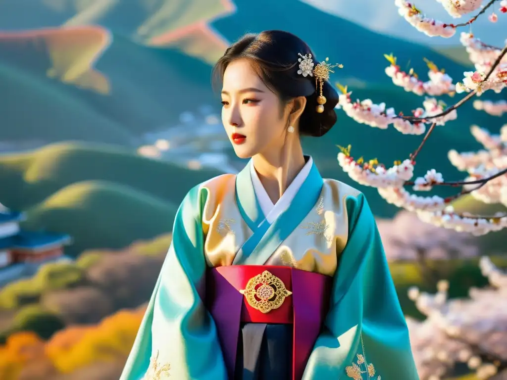 Un hanbok tradicional coreano exhibiendo bordados y colores vibrantes, rodeado de un paisaje sereno