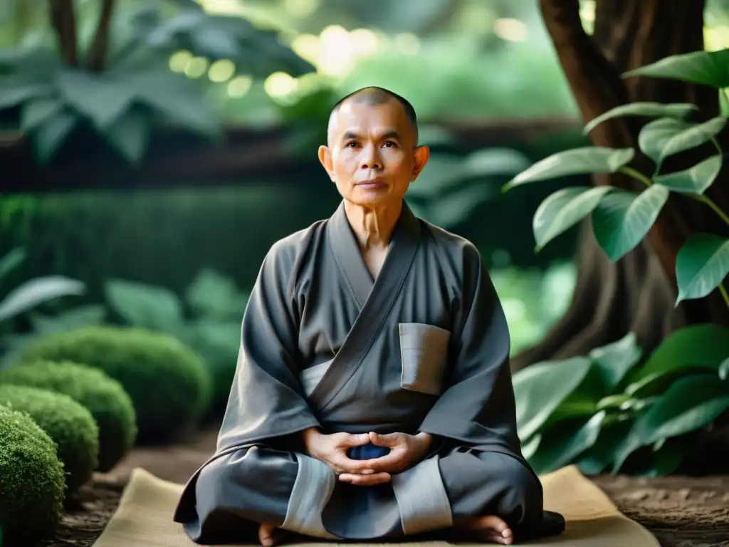 Thich Nhat Hanh en meditación, rodeado de naturaleza exuberante y luz natural