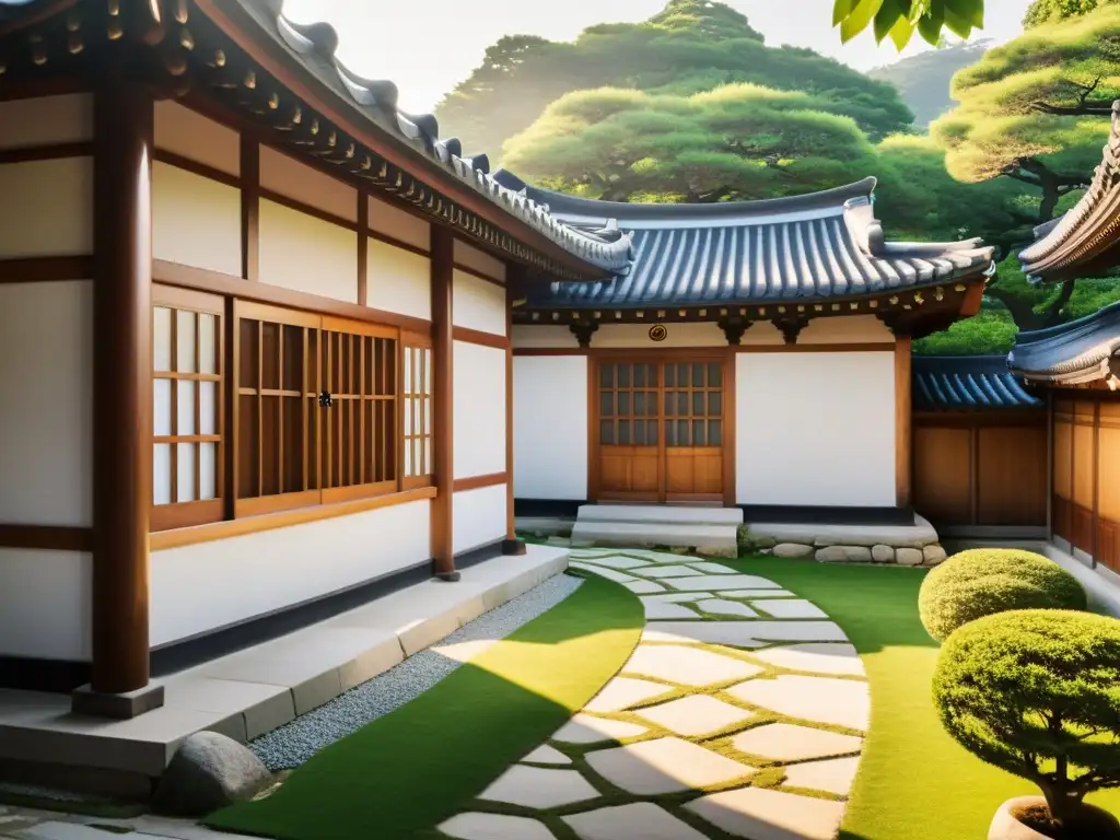 Un Hanok bellamente conservado entre exuberante vegetación, reflejando la historia coreana y su arquitectura única