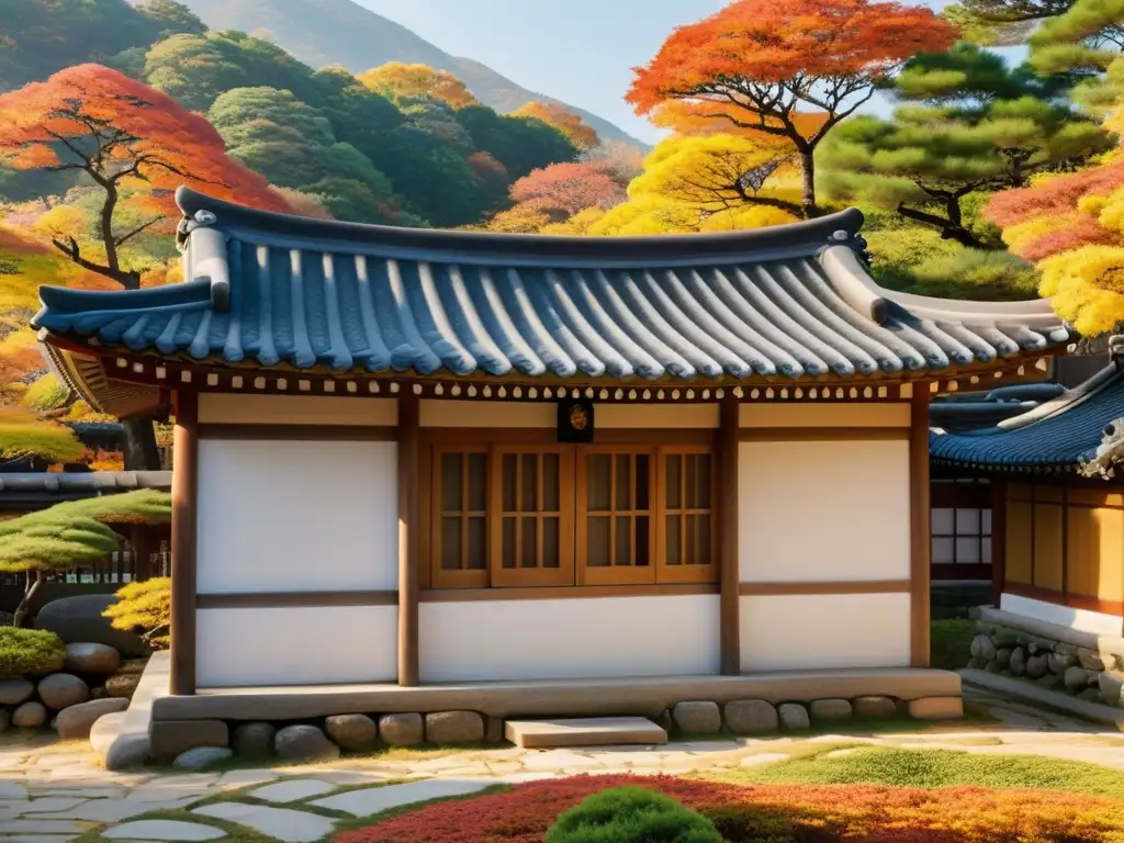 Un Hanok tradicional rodeado de follaje otoñal, con ventanales de madera y tejado curvo