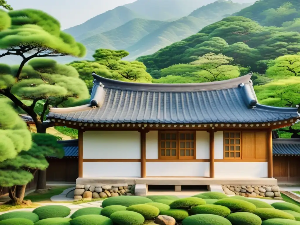 Hanok tradicional en Corea del Sur, rodeado de naturaleza serena