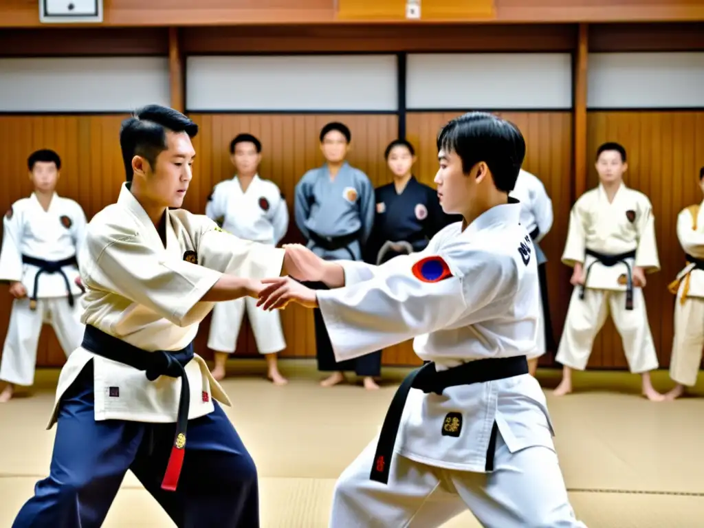 Práctica de Hapkido en un dojo con atmósfera disciplinada y tradicional, reflejando la historia y técnicas del Hapkido coreano