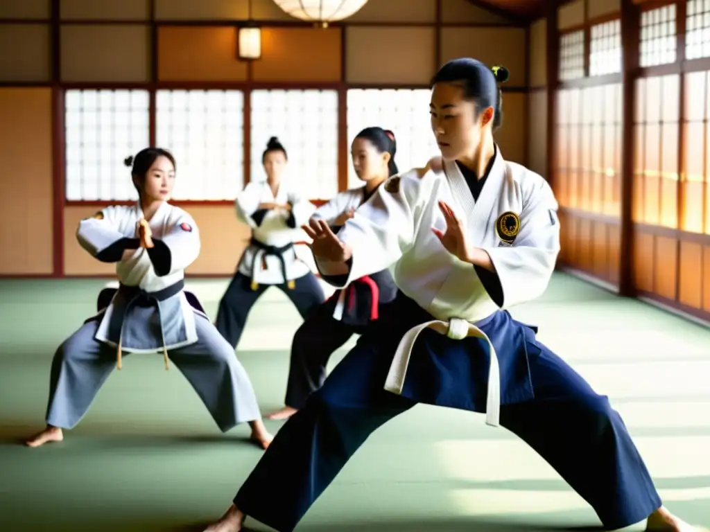 Práctica de Hapkido en un dojo sereno, con el gran maestro demostrando una técnica de lanzamiento mientras los estudiantes observan con atención