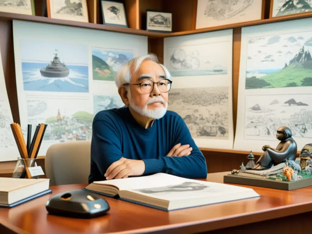 Hayao Miyazaki en su estudio rodeado de bocetos de personajes icónicos de Ghibli, reflejando la filosofía y misticismo en Ghibli