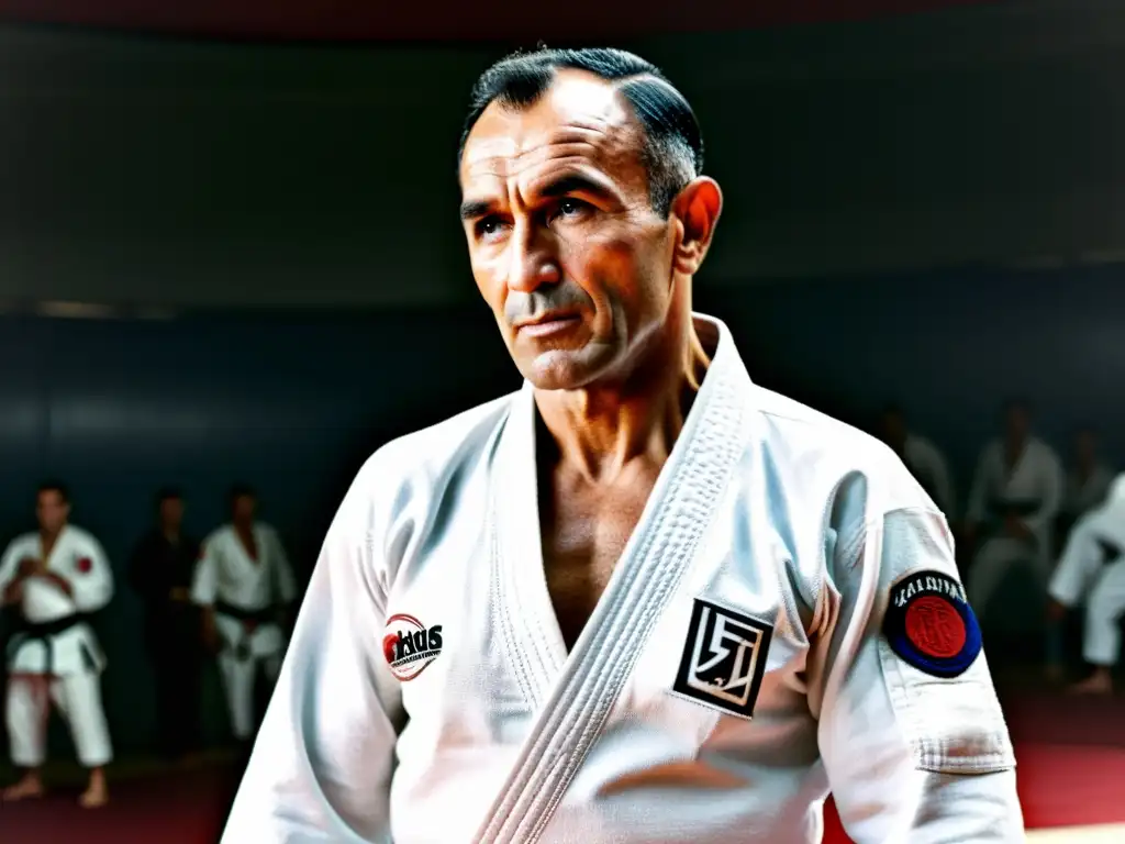 Helio Gracie demuestra una técnica de JiuJitsu Brasileño con precisión y enfoque intenso, mostrando la evolución y origen de este arte marcial