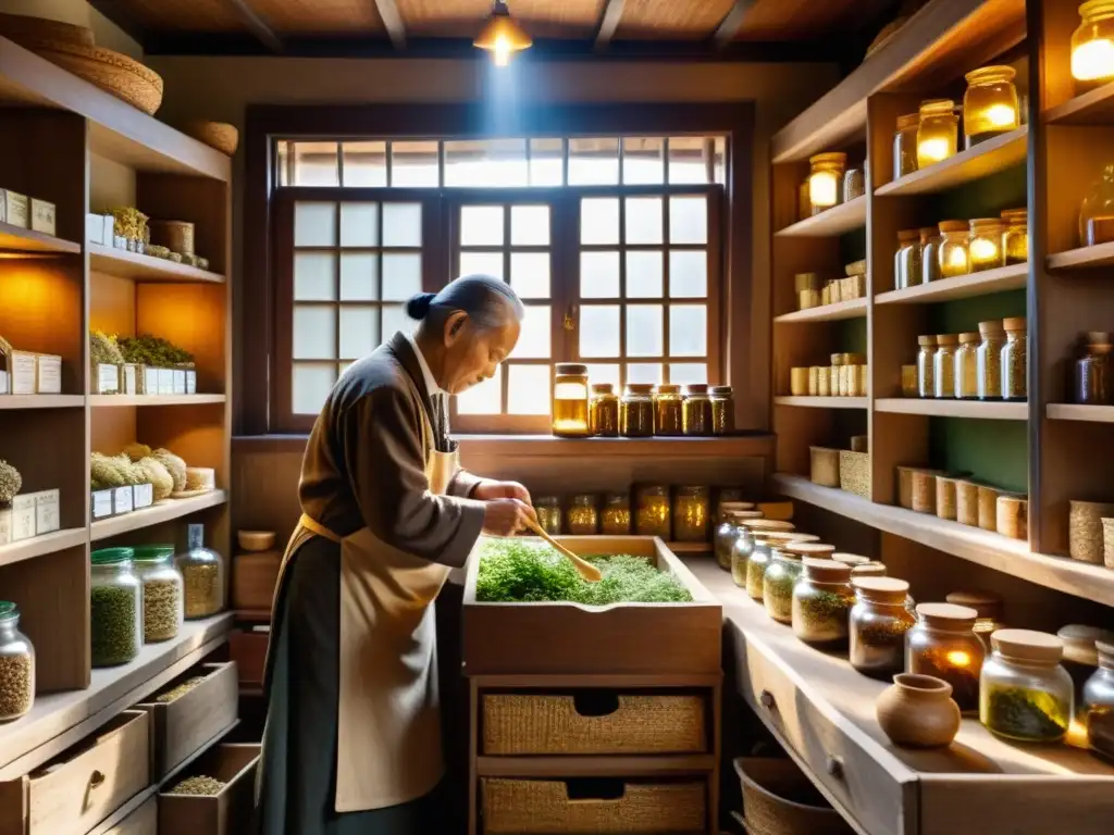 Un herbolario anciano prepara remedios en una tienda de medicina tradicional asiática, rodeado de ingredientes naturales y sabiduría ancestral