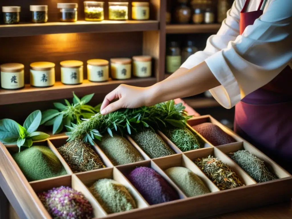 Un herbolario chino experto selecciona y mezcla hierbas y hojas de té en su tienda, exudando sabiduría antigua y autenticidad cultural