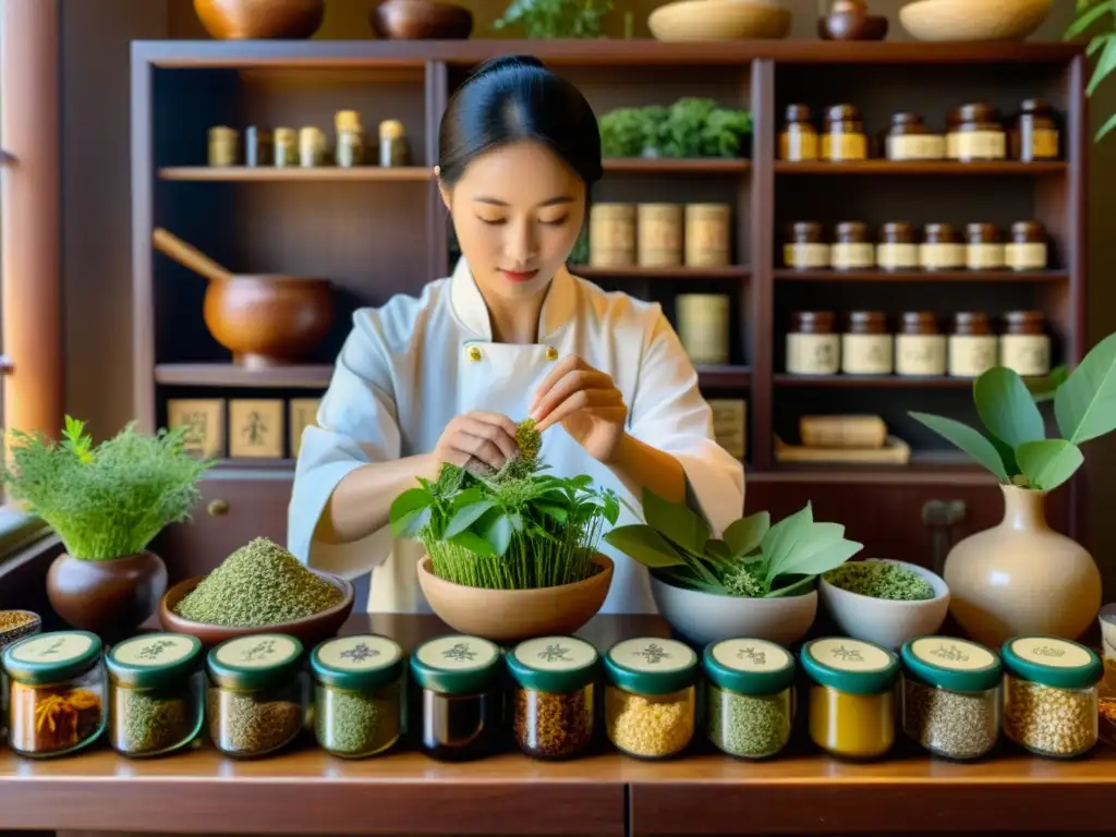 Un herbolario chino escoge plantas milagrosas Medicina Tradicional China en un ambiente sereno y soleado, resaltando la conexión con la naturaleza