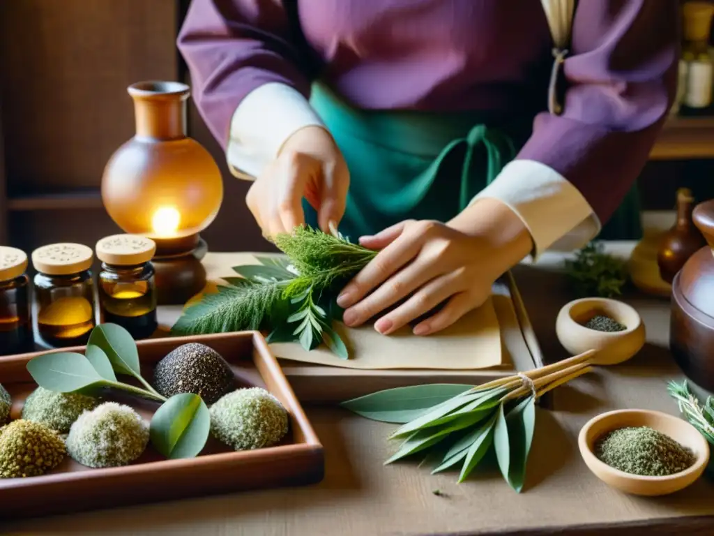 Un herbolario coreano selecciona y prepara hierbas medicinales en un ambiente rústico y tenue, destacando la tradición de la fitoterapia coreana tratamiento cáncer