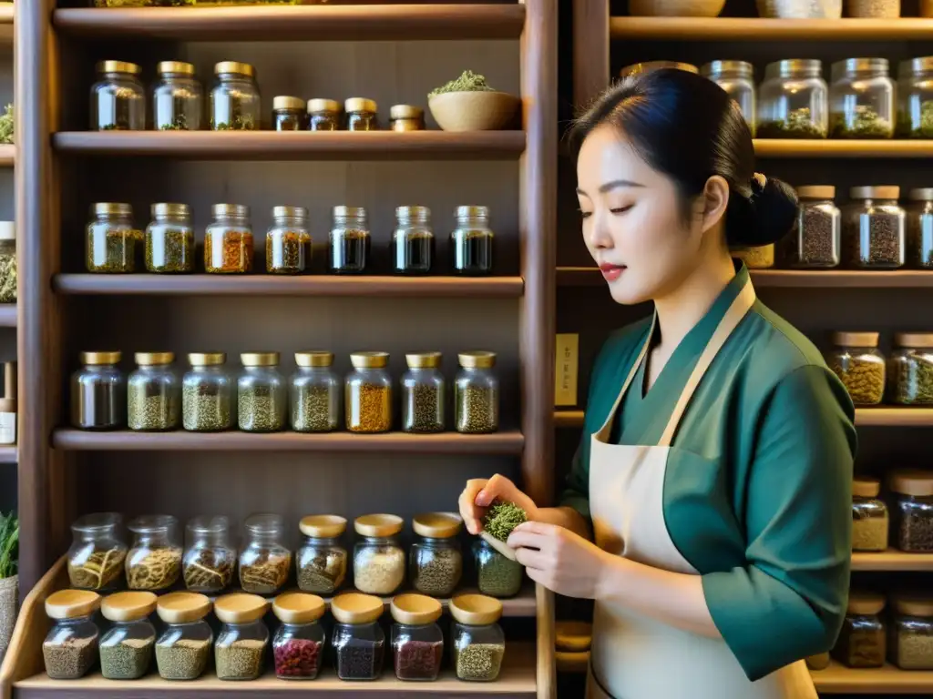 Un herbolario coreano selecciona cuidadosamente hierbas secas en una tienda rústica, creando una atmósfera cálida y auténtica