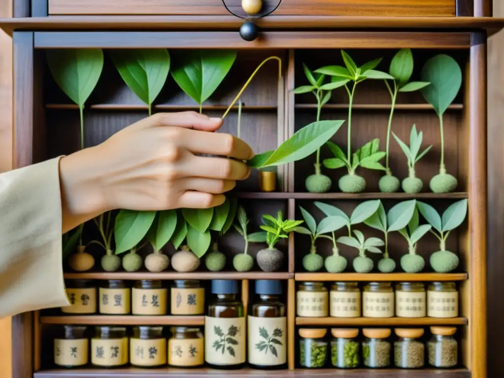 Un herbolario japonés selecciona con cuidado plantas medicinales japonesas, creando una atmósfera serena y contemplativa