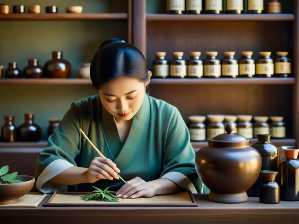 Un herbolario oriental prepara una receta tradicional con hierbas, evocando sabiduría ancestral y curación holística