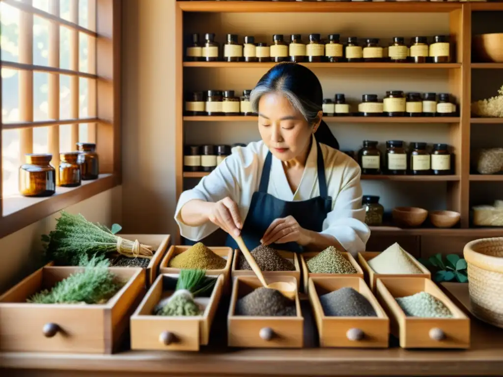 Un herbolario tradicional coreano con cajones de hierbas y raíces secas