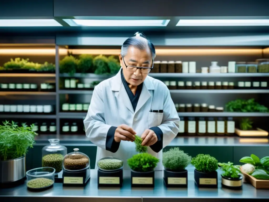 Herborista anciano preparando hierbas asiáticas en laboratorio moderno, fusionando la Medicina Tradicional Asiática con tecnología siglo XXI