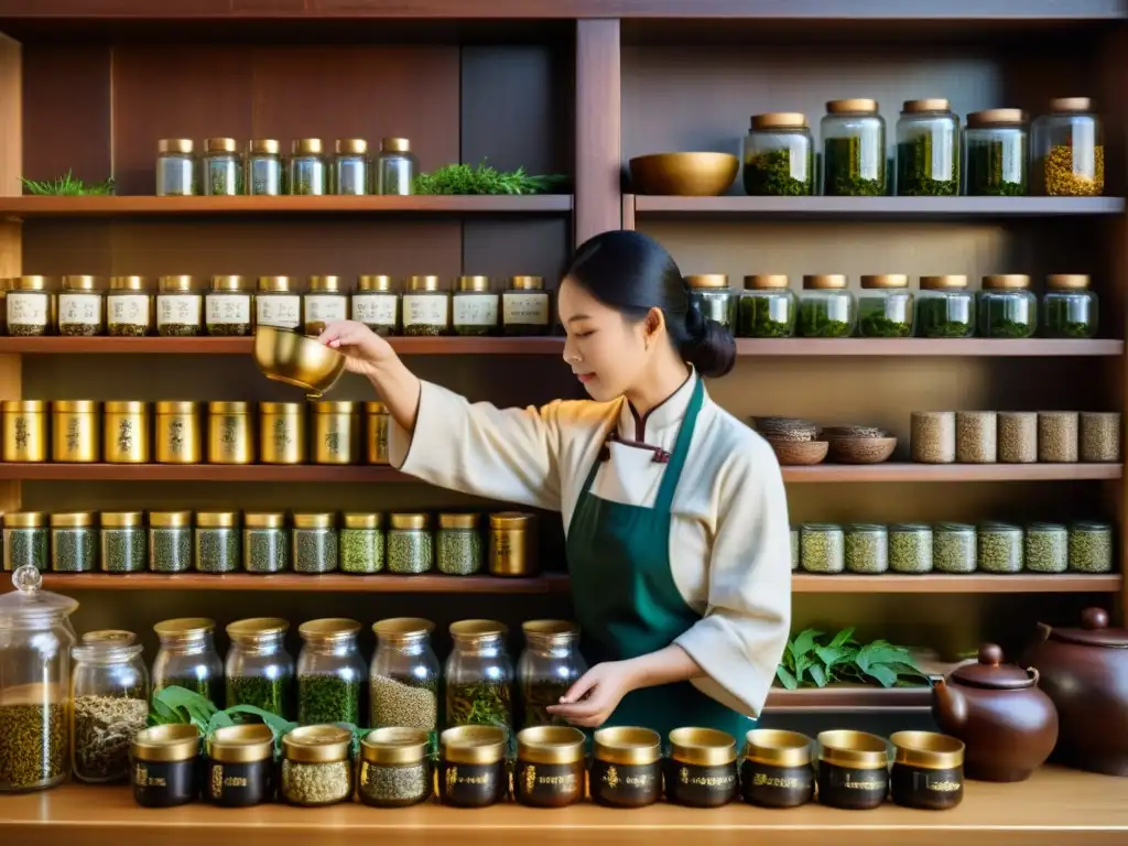 Un herborista chino mezcla cuidadosamente hierbas y hojas de té en un tradicional establecimiento, iluminado por una cálido farol