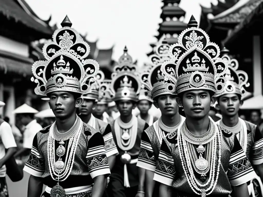 Una hermosa fotografía en blanco y negro que captura la procesión Galungan en Bali, con ofrendas y vestimenta tradicional