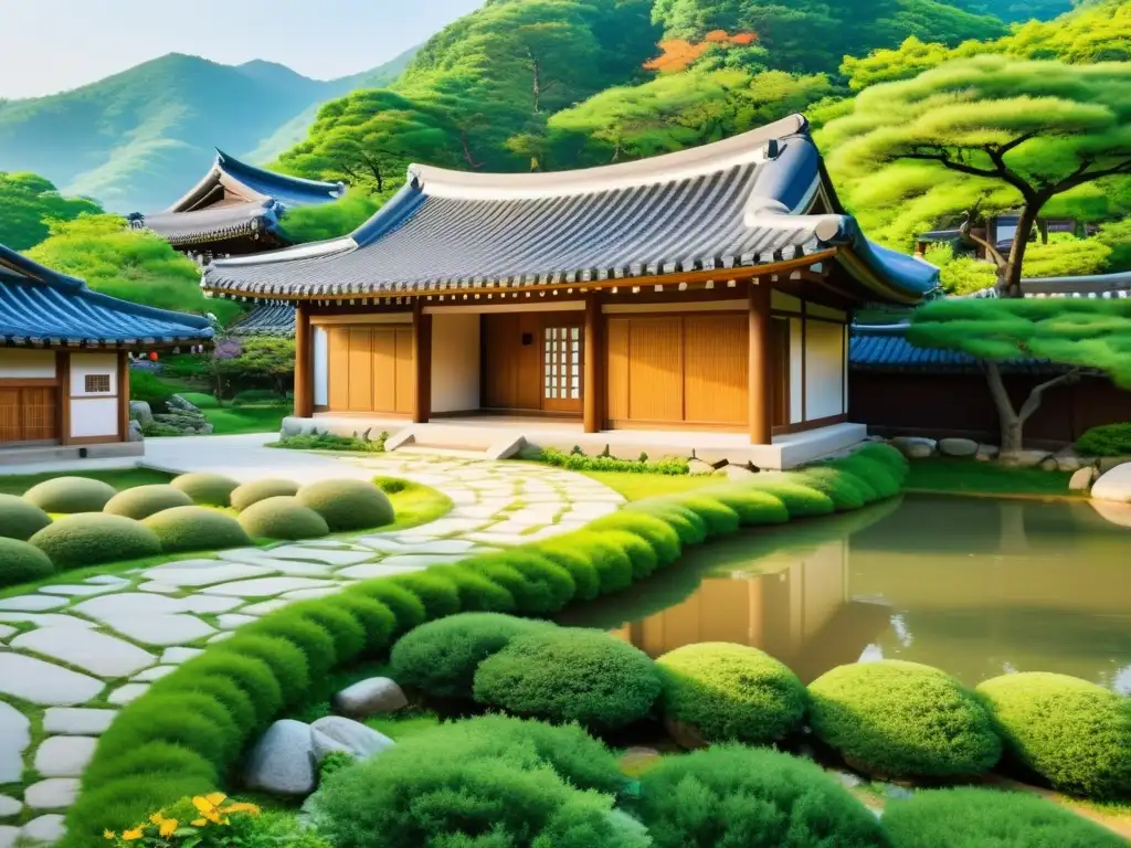 Una hermosa Casa Hanok tradicional coreana se funde armoniosamente con la naturaleza serena y exuberante del campo coreano