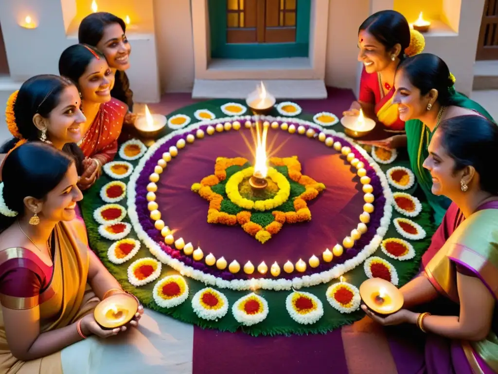 Una hermosa celebración del Festival Diwali con decoraciones vibrantes, rangoli colorido y personas vestidas tradicionalmente