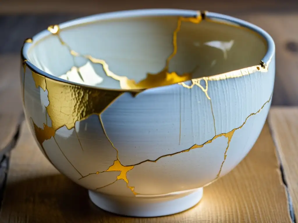 Una hermosa cerámica agrietada reparada con la filosofía Kintsugi, destacando las delicadas costuras doradas que resaltan su significado y artesanía