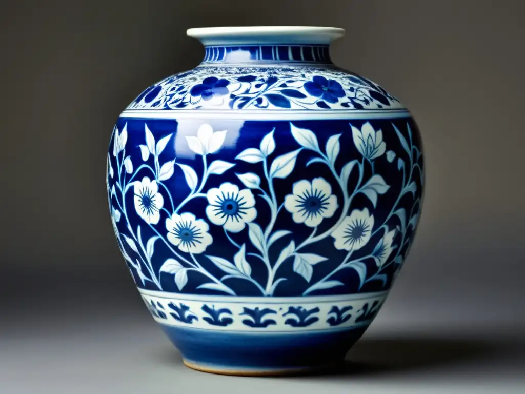 Una hermosa cerámica de la dinastía Ming, con patrones florales azules y blancos, iluminada suavemente en un museo