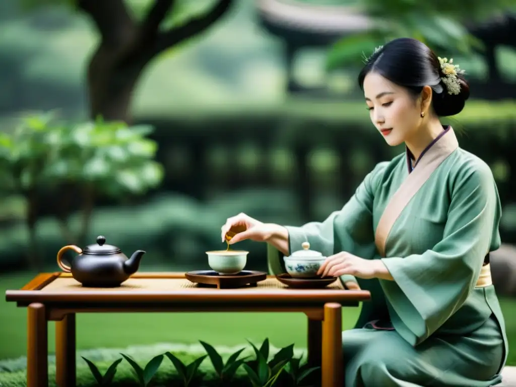 Una hermosa ceremonia de té china en un jardín tranquilo, reflejando la filosofía china clásica de igualdad y utopías