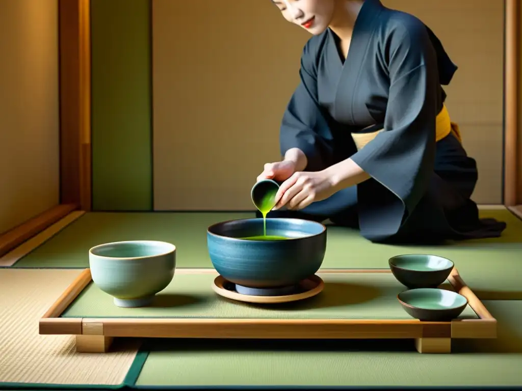 Una hermosa ceremonia del té japonés en una habitación minimalista